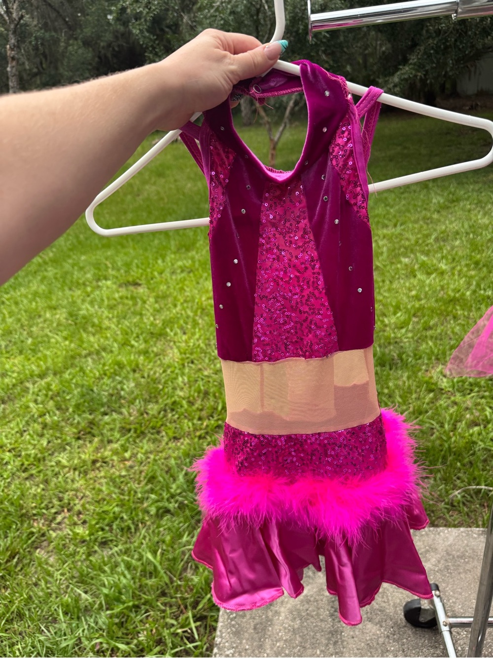 Girls' Hot Pink Sequin Dance Costume with Feather Trim